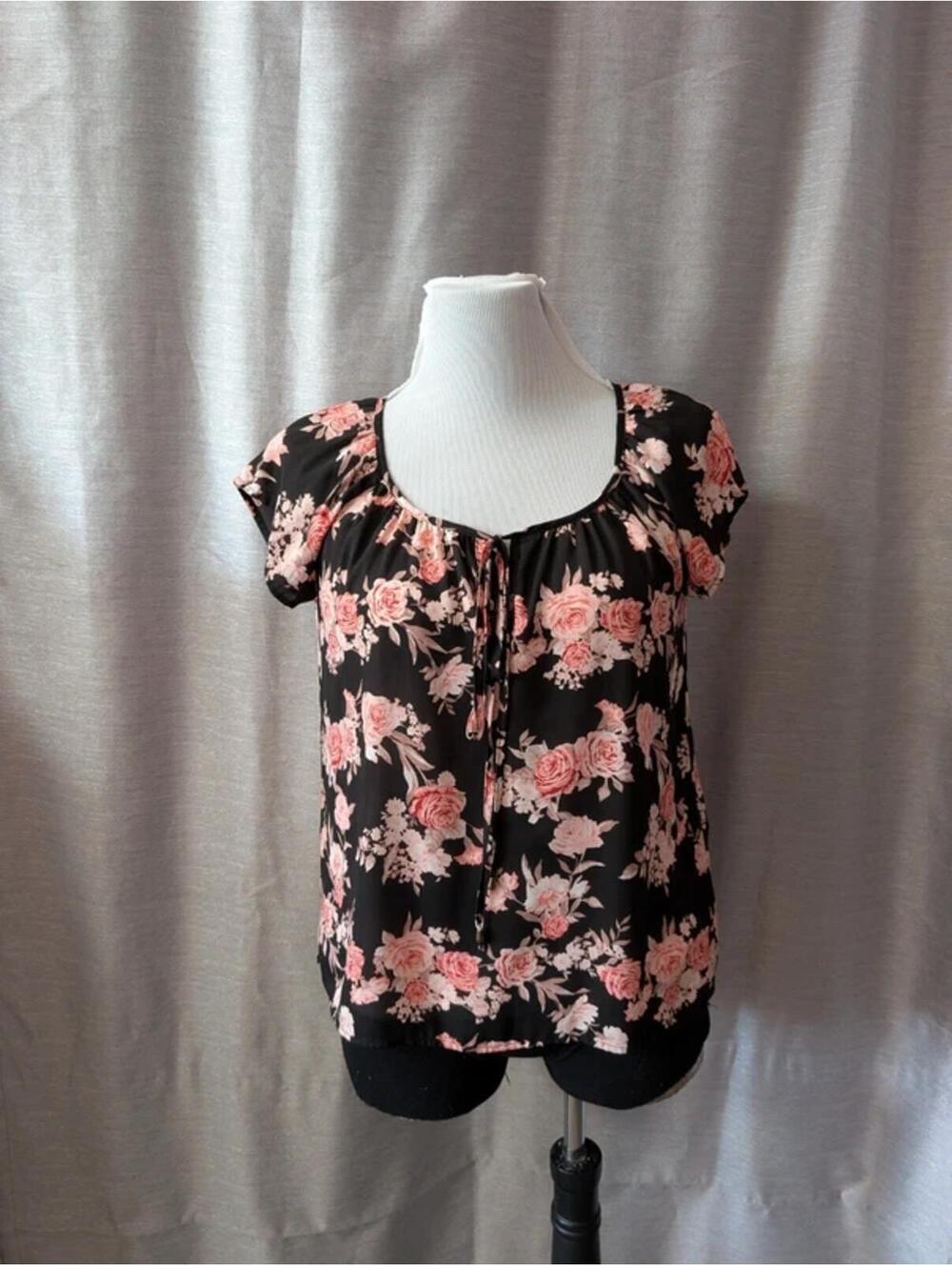 Black Pink Rose Sheer Chiffon Summer Top S
